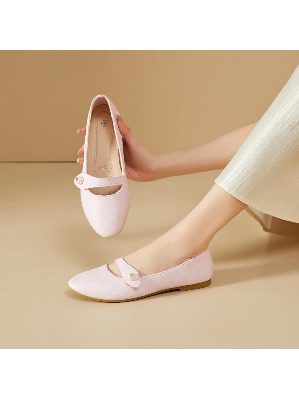 Women's Pink Leather Mary Jane Floral Print Ballet Flats Pearl Buckle Shoes - Picture 2 of 6
